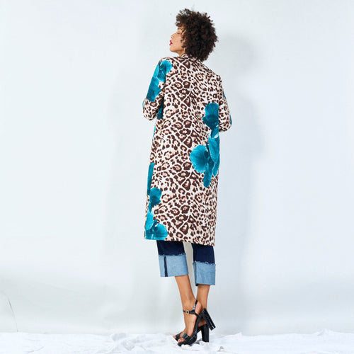 Oversized animal print coat with floral accents