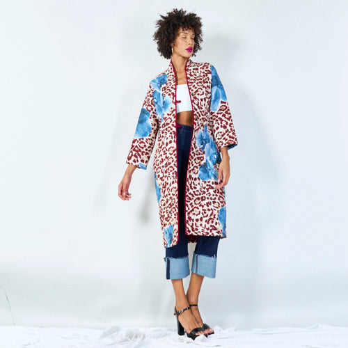 Oversized animal print coat with floral accents