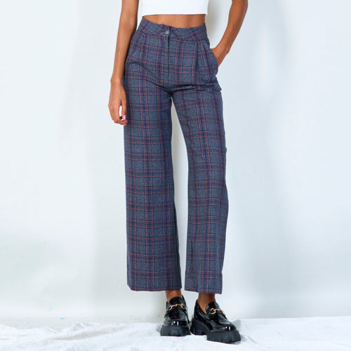 High-waisted plaid wide-leg trousers