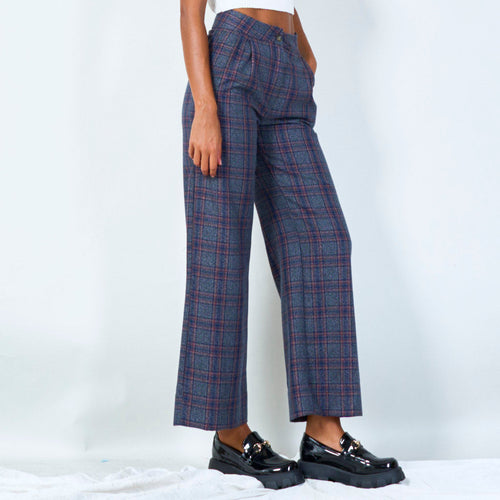 High-waisted plaid wide-leg trousers